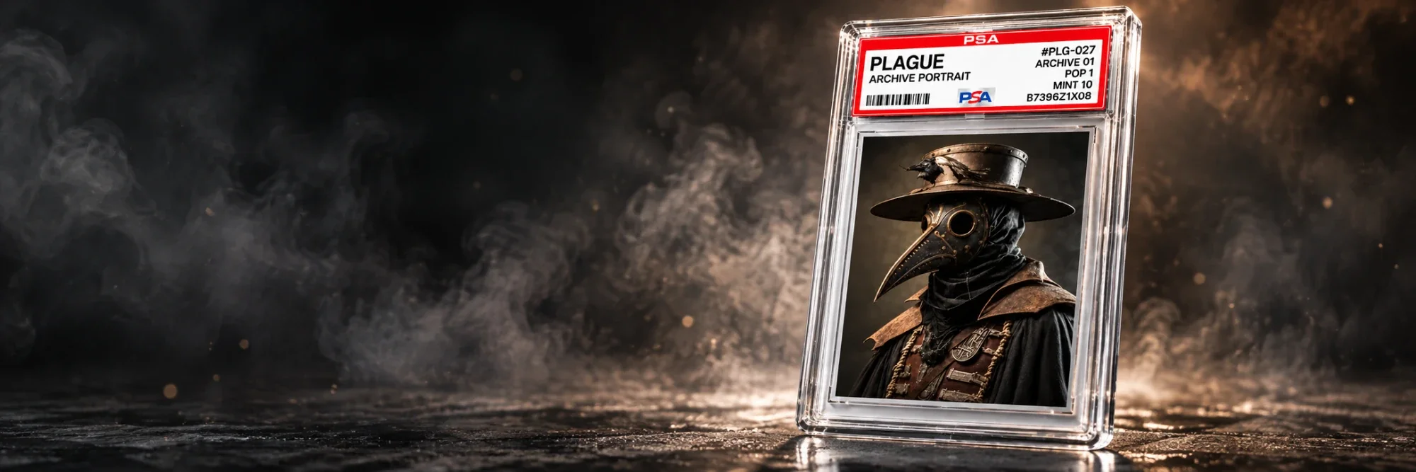 The plague slab standing on a dark stone floor in drifting smoke and embers