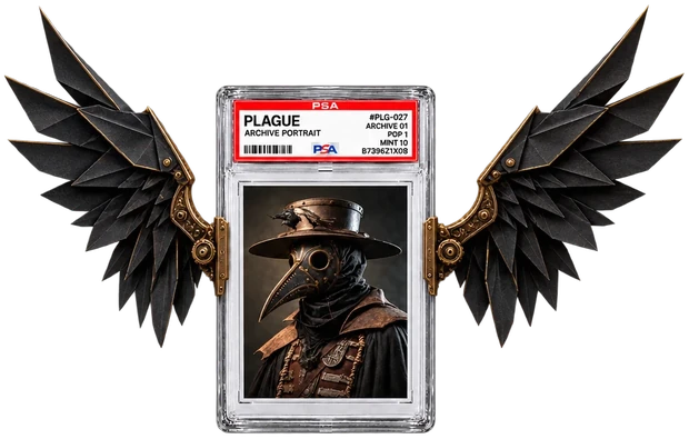 The plague slab with two large black mechanical wings