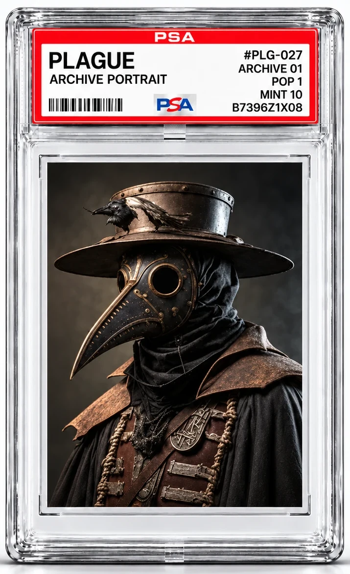 A clear graded slab with a red label reading PLAGUE, Archive Portrait, number PLG-027, Mint 10, holding a portrait of a plague doctor in a riveted hat with a raven on the brim